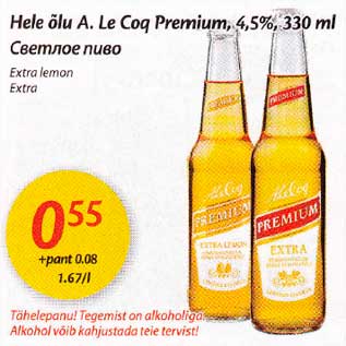 Allahindlus - Hele õlu A. Le Coq Premium,4,5%, 330 ml *Extra lеmоn *Extra