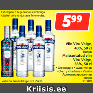 Allahindlus - Viin Viru Valge, 40%, 50 cl; Maitsestatud viin Viru Valge, 38%, 50 cl