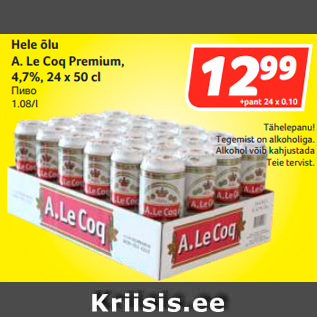 Allahindlus - Hele õlu A. Le Coq Premium, 4,7%, 24 x 50 cl