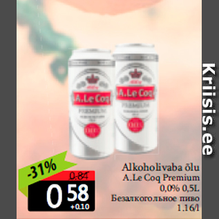 Allahindlus - Alkoholivaba õlu A.Le Coq Premium