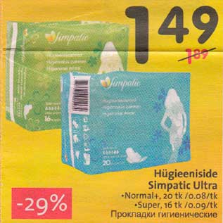 Allahindlus - Hügieeniside Simpatic Ultra *normal+,20tk/0,08/tk *Super, 16tk/0,09/tk