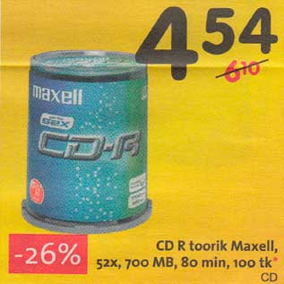 Allahindlus - CD R toorik Maxell, 52x,700 MB,80min, 100tk