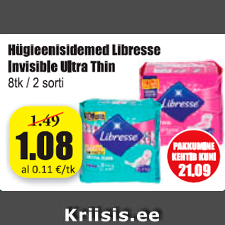 Allahindlus - Hügieenisidemed Libresse Invisible Ultra Thin