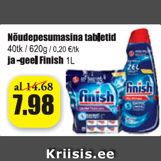 Allahindlus - Nõudepesumasina tabletid 40tk / 620 g ja -geel Finish 1 l