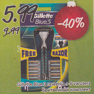 Allahindlus - Gillette Blue 3 raseeriija + 6 varutera