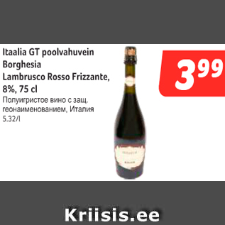 Allahindlus - Ittalia GT poolvahuvein Borghesia Lambrusco Rosso Frizzante