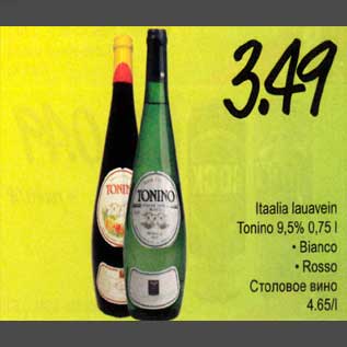 Allahindlus - Italia lauavein Tonino 9,5% 0,75l *Bianco *Rosso