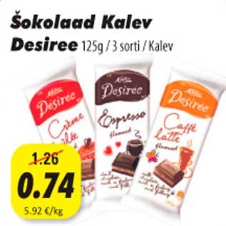 Allahindlus - Šokolaad Kalev Desiree 125g/3sorti/Kalev