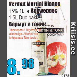 Allahindlus - Vermut martini Bianco 15%, 1 l ja Schweppes 1,5 l, Duo pakk