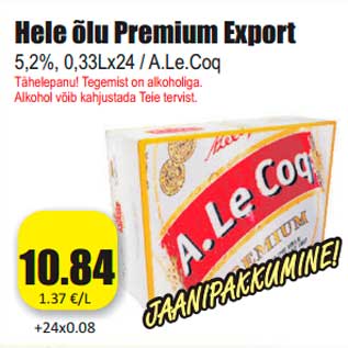 Allahindlus - Hele õlu A.Le Coq Premium