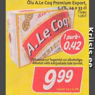 Allahindlus - Õlu A.Le Coq Premium Export, 5,2%, 24 x 33 cl