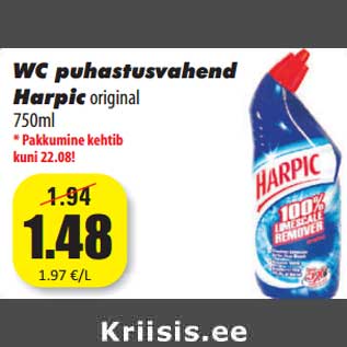 Allahindlus - WC puhastusvahend Harpic original 750ml