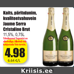 Allahindlus - Kaits.päritolunim. kvaliteetvahuvein Jaume Serra Cristalino Brut