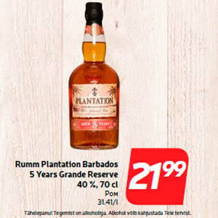 Allahindlus - Rumm Plantation Barbados 5 Years Grande Reserve 40 %, 70 cl