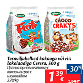 Allahindlus - Teraviljahelbed kakaoga või riis šokolaadiga Cerera, 500 g