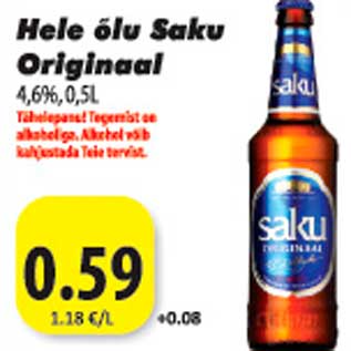 Allahindlus - Hele õlu Saku Originaal 4,6%,0,5L