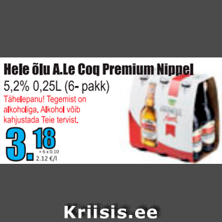 Allahindlus - Hele õlu A.Le Coq Premium Nippel