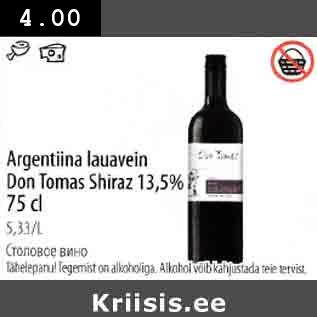 Allahindlus - Argentiina lauavein Dоn Tomas Shiraz l3,5% 75 сl