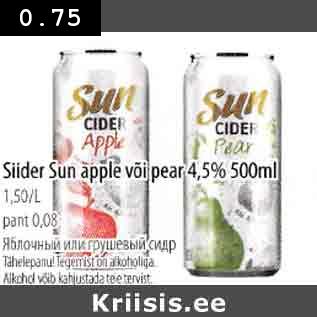 Allahindlus - Siider Sun apple või pear 4,5% 500 ml