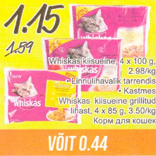 Allahindlus - Whiskas kiisueine 4 x 100 g .Linnulihavalik tarrendis .Kastmes Whiskas kiisueine grillitud lihast,4 x 85 g