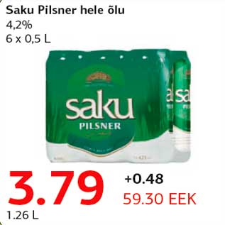 Allahindlus - Saku Pilsner hele õlu 4,2% 6 x 0,5 L