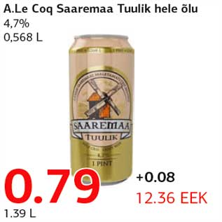 Allahindlus - A.Le Coq Saaremaa Tuulik hele õlu 4,7% 0,568 L