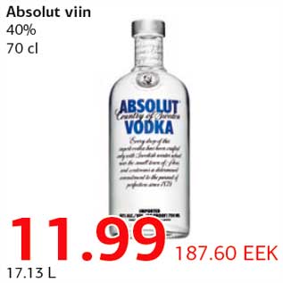 Allahindlus - Absolut viin 40% 70 cl