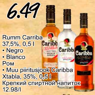 Allahindlus - Ruum Carriba 37,5%, 0,5 l .Negro .Blanco .Muu piiritusjook Caribba Xtabla, 35%, 0,5 l