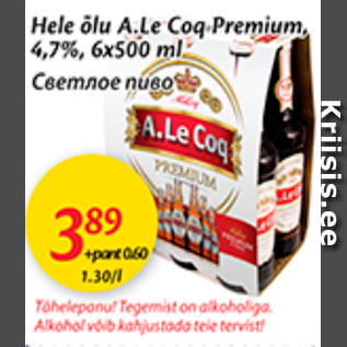 Allahindlus - Hele õlu A.Le Cog Premium