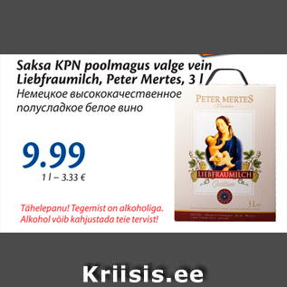 Allahindlus - Saksa KPN poolmagus valge vein Liebfraumilch, Peter Mertes, 3 l