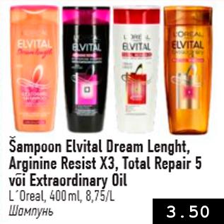 Allahindlus - Šampoon Elvital Dream Lenght, Arginine resist X3, Total repair 5 või Extraordinary Oil