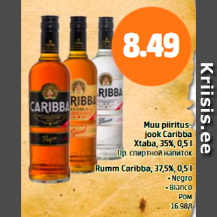 Allahindlus - Muu piiritusjook Caribba Xtaba, 35%, 0,5 l;Rumm Caribba, 37,5%, 0,5 l .Negro .Blanco