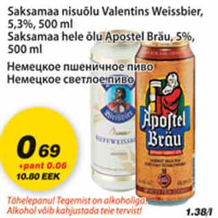 Allahindlus - Saksamaa nisuõlu Valentins Weissbier Saksamaa hele õlu Apostel Bräu