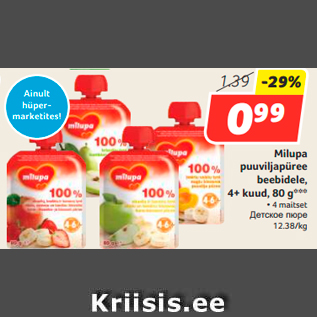 Allahindlus - Milupa puuviljapüree beebidele, 4+ kuud, 80 g***