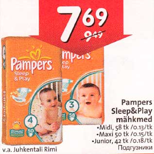 Allahindlus - Pampers Sleep&Play mähkmеd . Midi,58tk/0,13/tk .Maxi 50 tk /0.15/tk .Junior,42 tk /0.18/tk