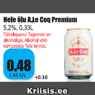 Allahindlus - Hele õlu A.Le Coq Premium