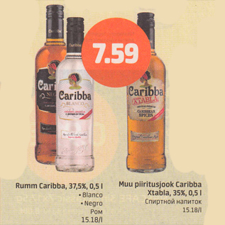 Allahindlus - Rumm Caribba, 37,5%, 0,5 l .Blanco .Negro; Muu piiritusjook Caribba Xtabli, 35%, 0,5 l