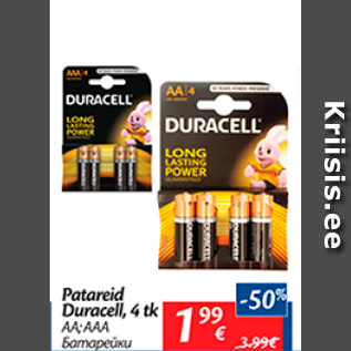 Allahindlus - Patareid Duracell, 4 tk