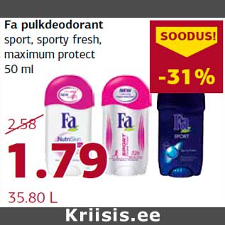 Allahindlus - Fa pulkdeodorant sport, sporty fresh,maximum protect 50 ml