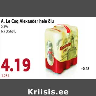 Allahindlus - A. Le Coq Alexander hele õlu 5,2% 6 x 0,568 L