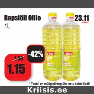 Allahindlus - Rapsiõli Oilio 1L