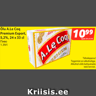 Allahindlus - Õlu A.Le Coq Premium Export