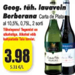 Allahindlus - Geogr. täh. lauavein Berberana al10,5%,0,75 L,2sorti