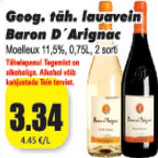 Allahindlus - Geog.täh. lauavein Baron D"Arignac 11,5%, 0,75L 2 sorti