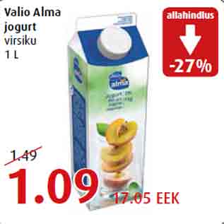 Allahindlus - Valio Alma jogurt virsiku 1 L