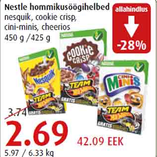 Allahindlus - Nestle hommikusöögihelbed nesquik, cookie crisp, cini-minis, cheerios 450 g /425 g