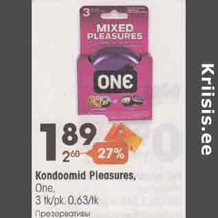 Allahindlus - Kondoomid Pleasures, One, 3 tk/pk