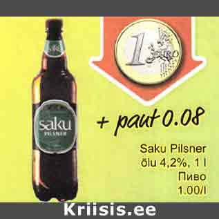 Allahindlus - Saku Pilsner õlu 4,2%,1 L