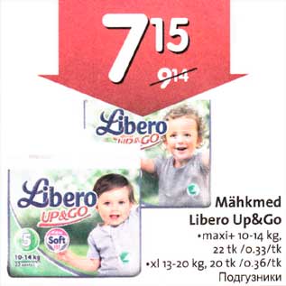 Allahindlus - Miihkmed Libero Up&Go .maxi+ l0-l4 kg, 22 tk .хl l3-20 kg, 20 tk