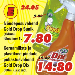 Allahindlus - Nõudepesuvahend Gold Drop Sunik 1 L Keraamiliste ja plastikust pindade puhastusvahend Gold Drop Dix 500ml